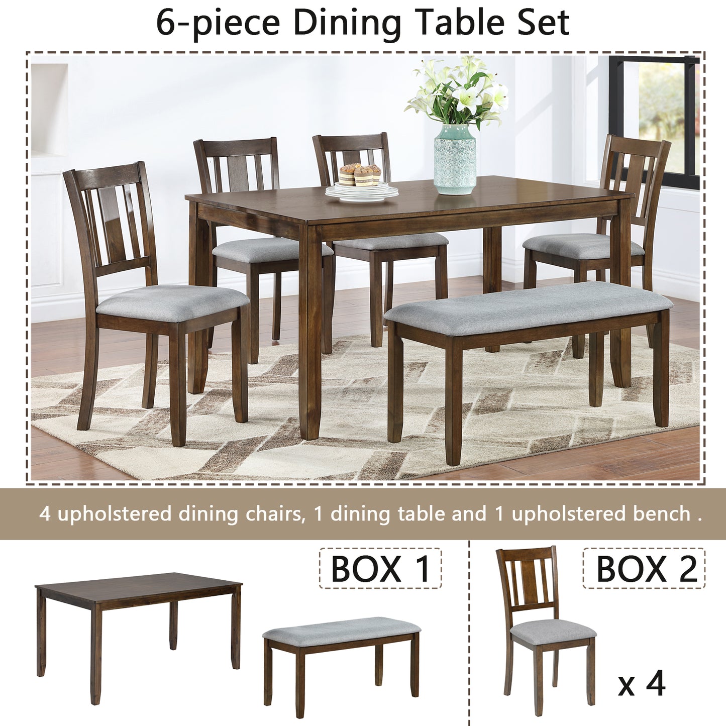 6-Piece Wooden Dining Set with Upholstered Chairs & Bench - Walnut