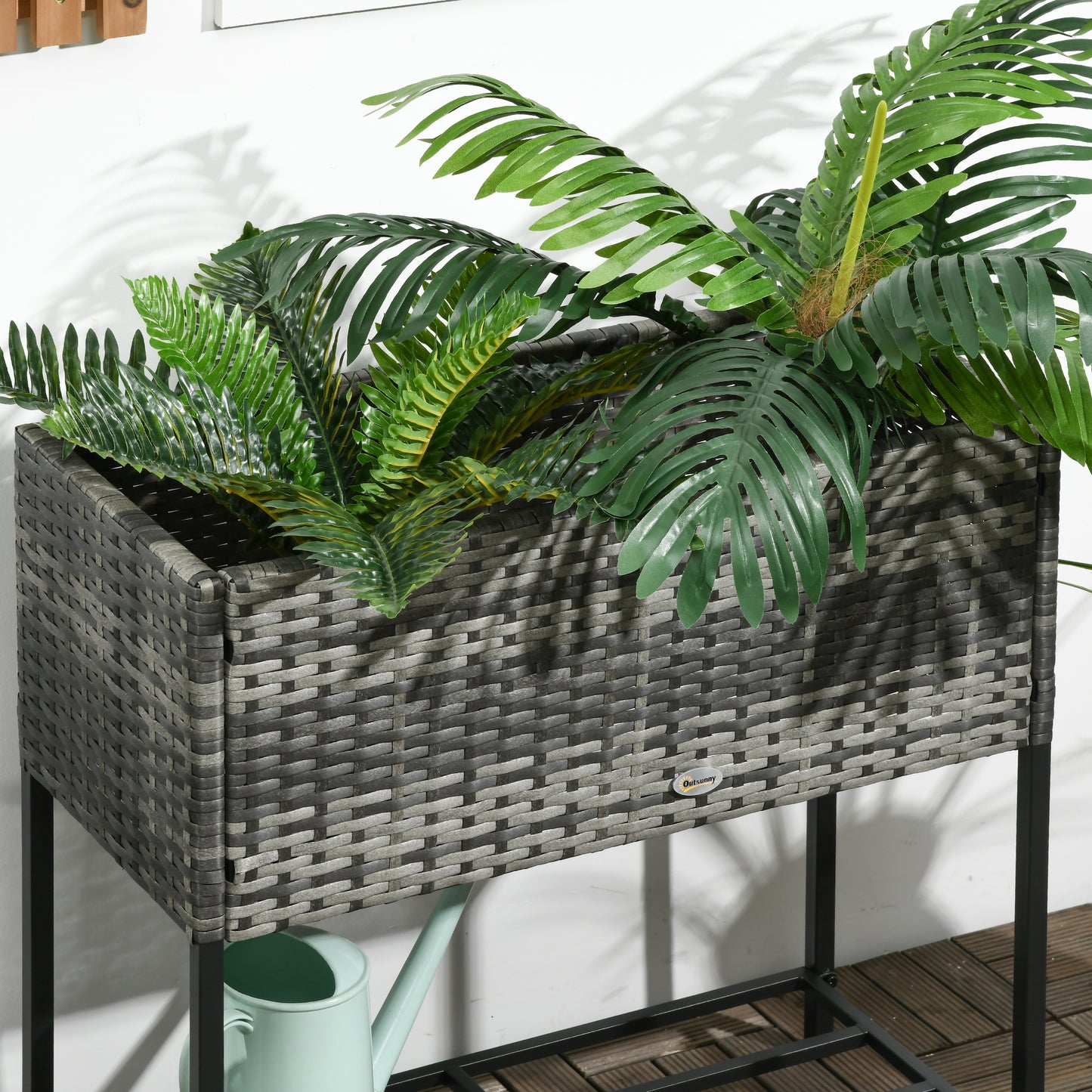 Raised Garden Bed with Rattan Wicker Look and Tool Storage Shelf - Portable Plant Planter