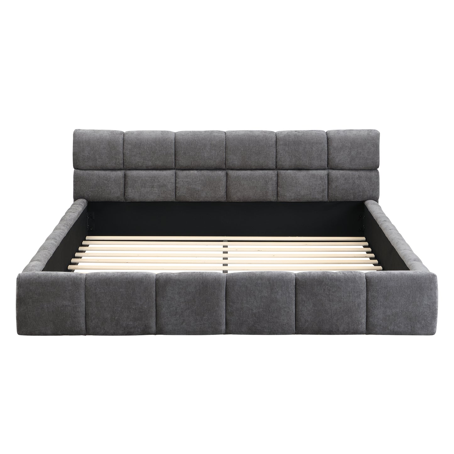 Queen Grey Chenille Upholstered Bed with Checkerboard Design
