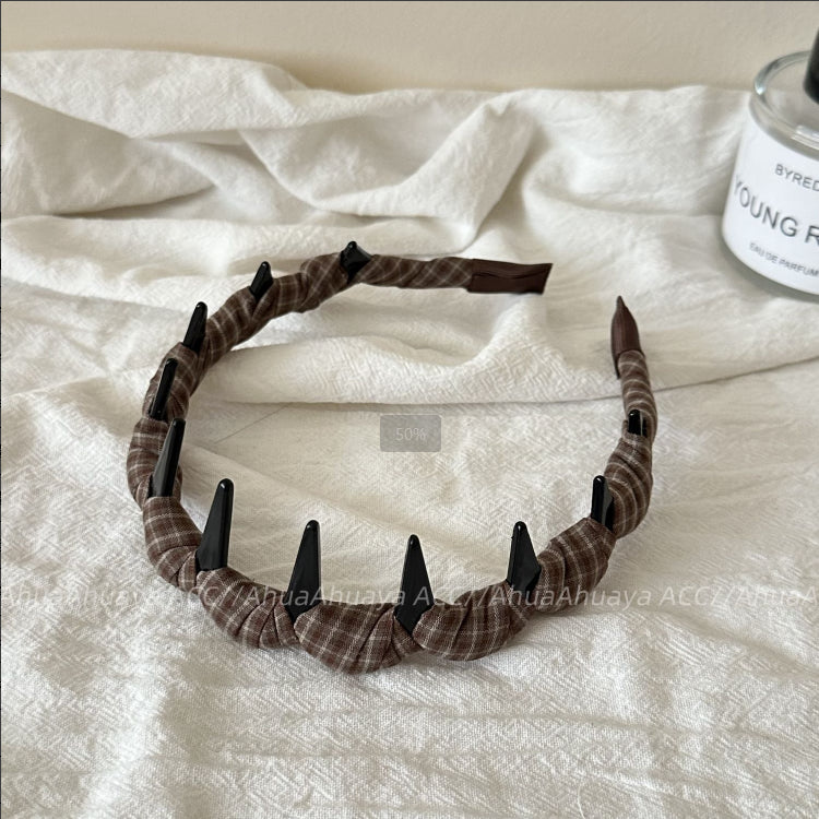 Plaid Toothed Hairband Navy Blue Mixed Material - 1 Piece