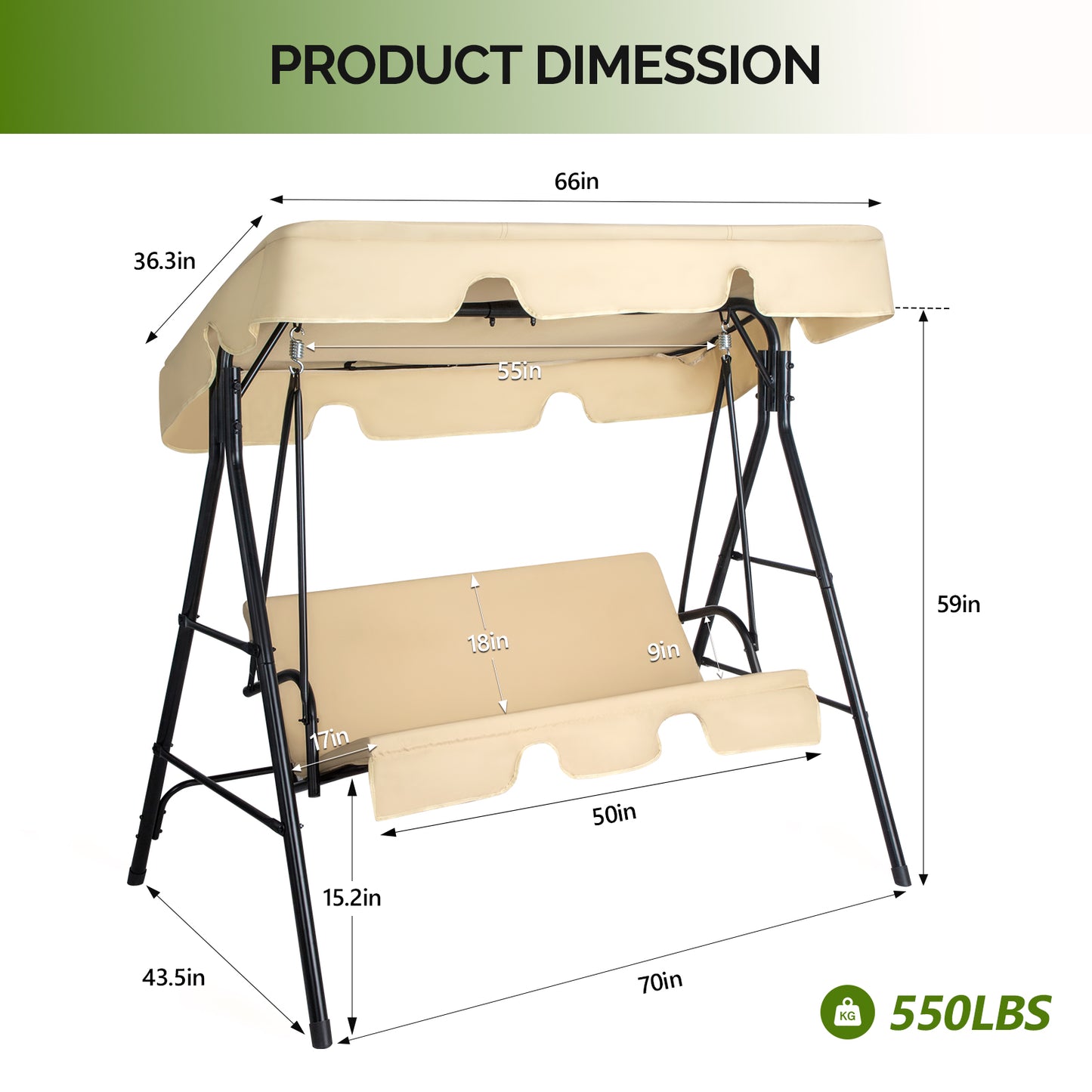 3-Person Outdoor Patio Swing Chair Set with Canopy & Cushions