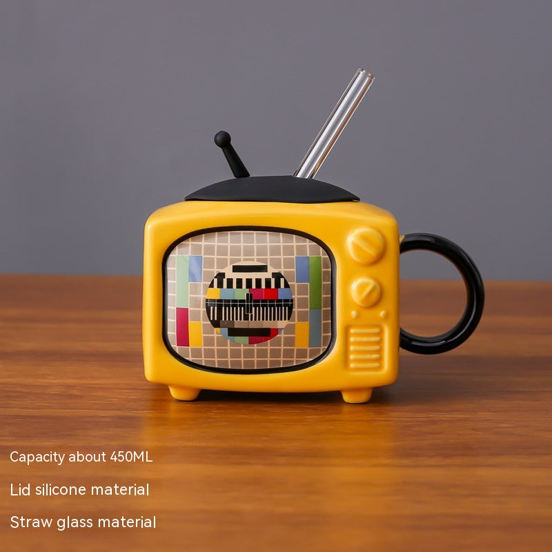 Creative Retro TV Ceramic Cup with Lid and Handle - 450ml, Multiple Colors