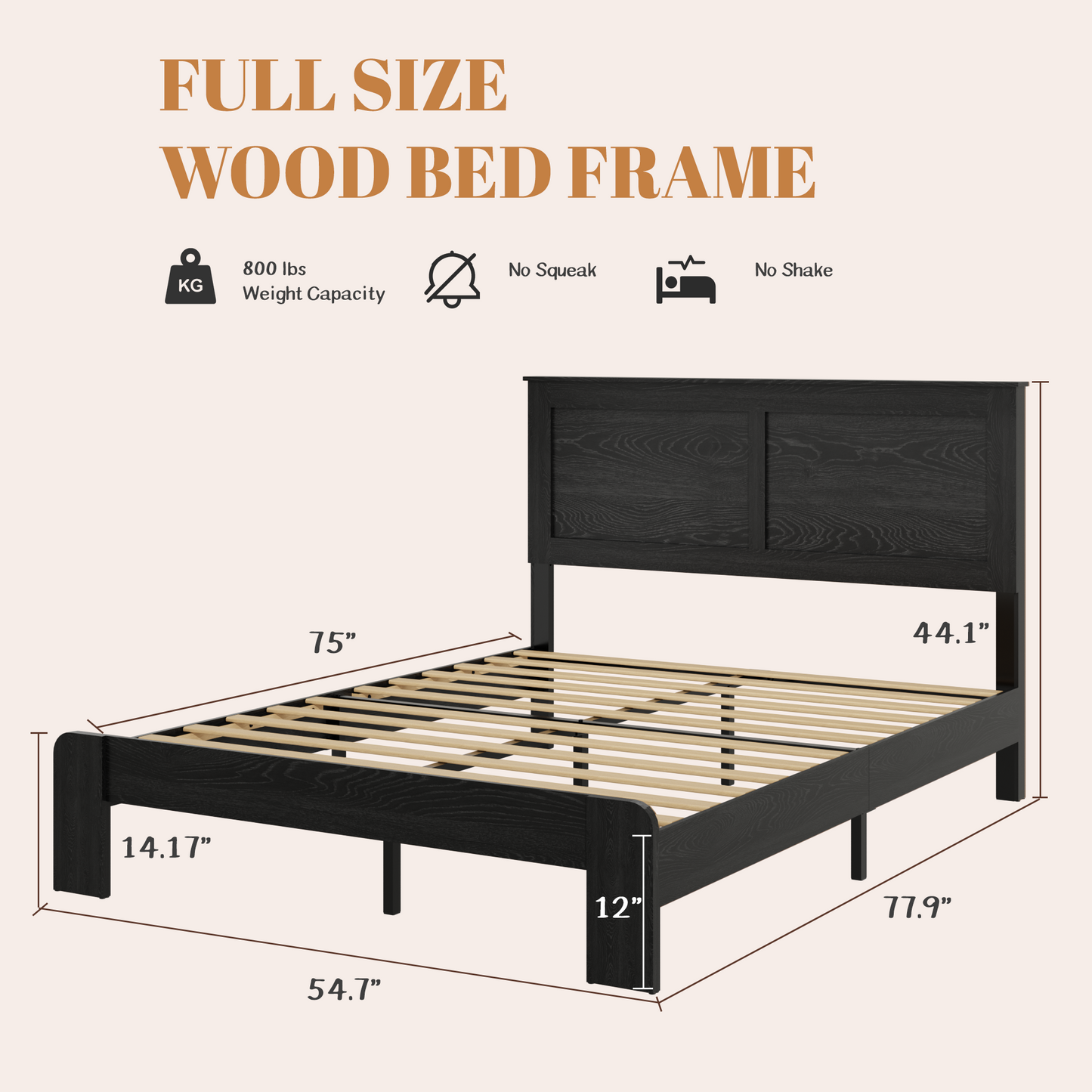 Full Wood Platform Bed Frame with Underbed Storage - Black