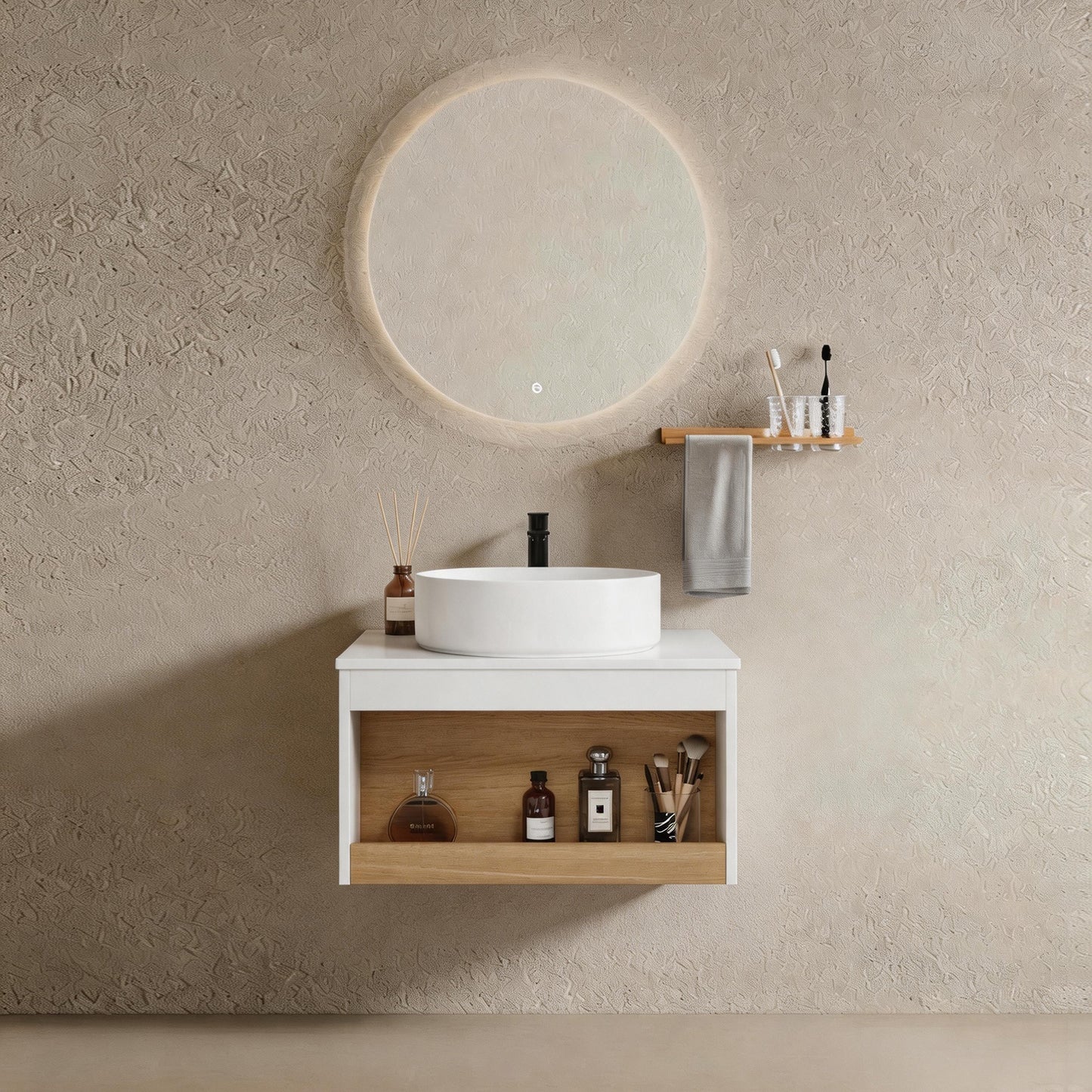24" Wall-Mounted Bathroom Vanity with Open Shelf - White & Light Oak