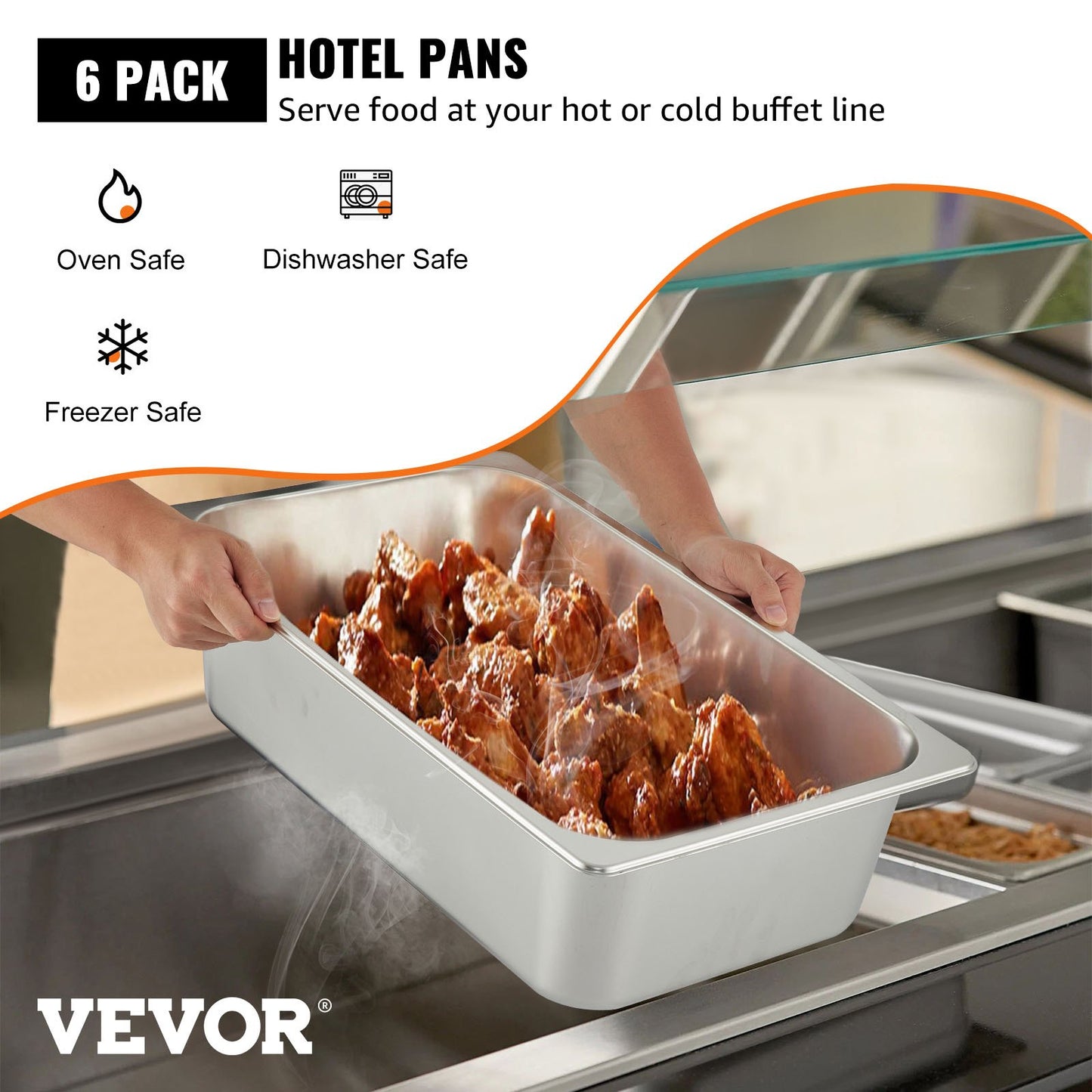 6 Pack Full Size Deep Steam Table Pans - Stainless Steel 20.9 x 12.8 x 5.9 Inch