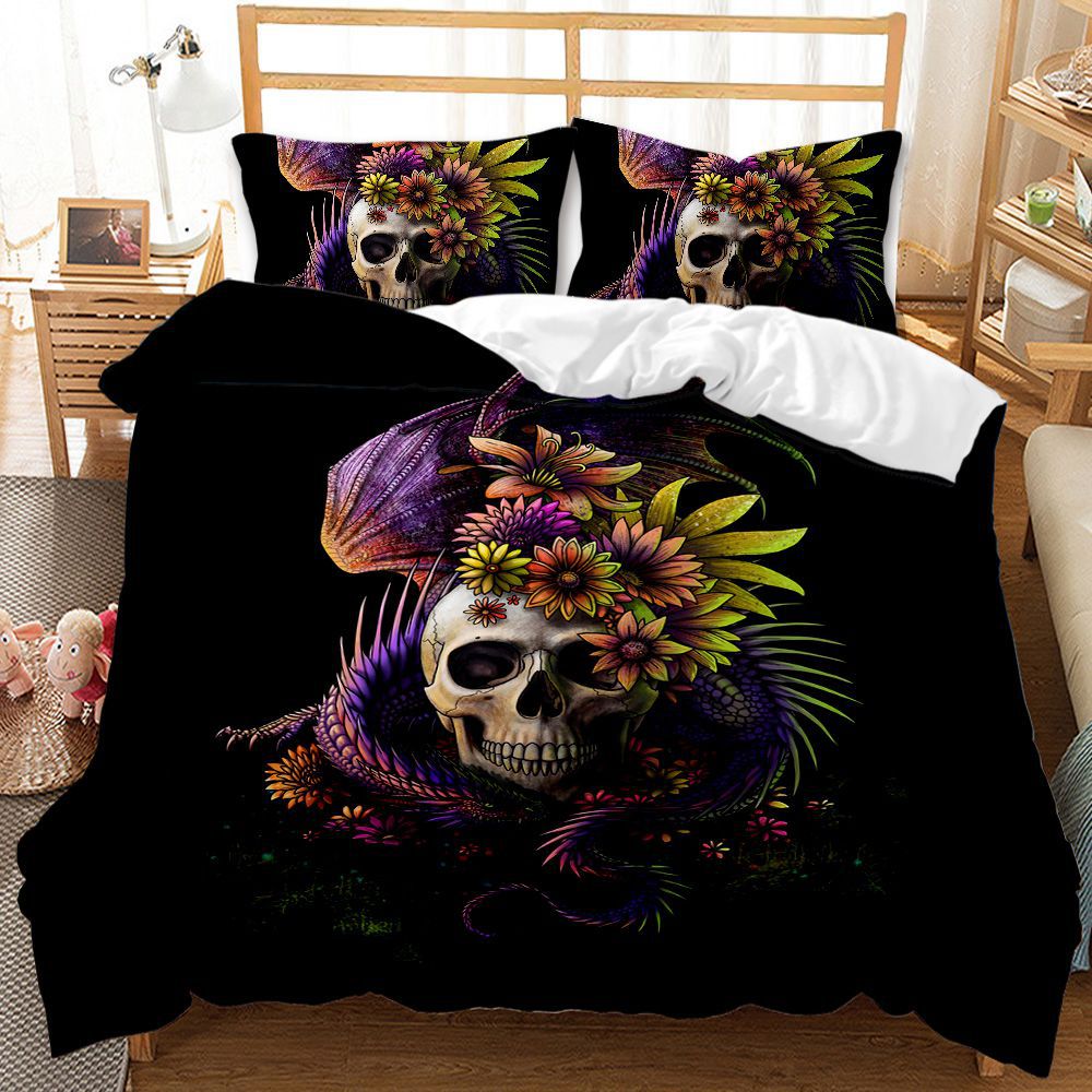 Three-Piece Skull Duvet Cover Set Modern Floral Bedding for Bedroom