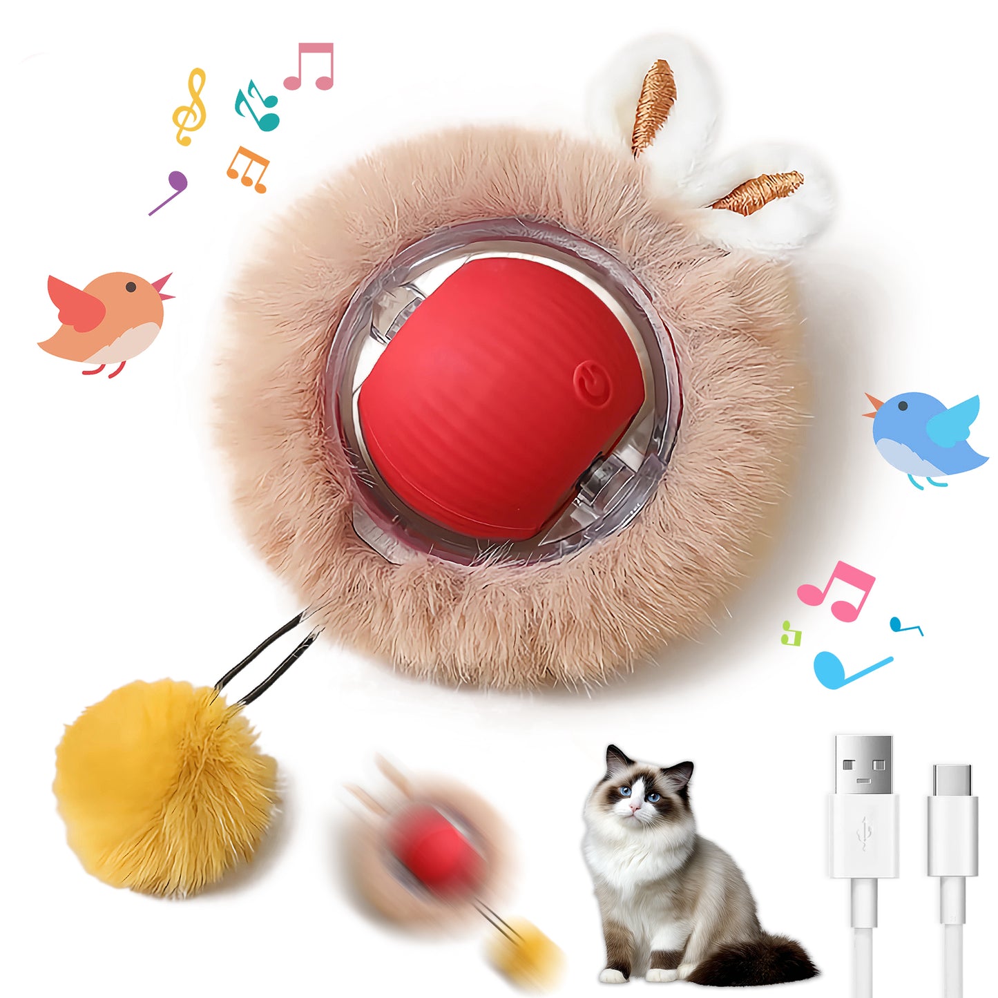 Interactive Cat and Dog Chase Toy Ball with Lights, Fluffy Tail & Bunny Ears