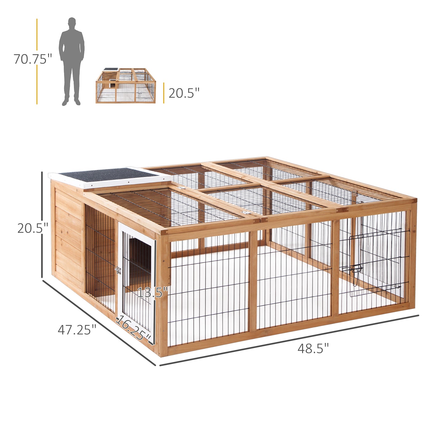 Outdoor Waterproof Rabbit Hutch with Enclosed Shelter and Run - Natural Wood, 1275x540x185 mm