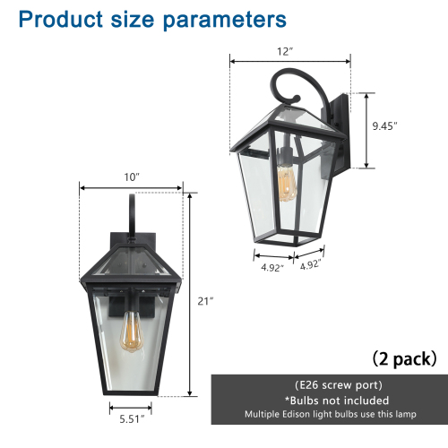 Outdoor Waterproof Wall Light with Support for Various Bulbs - Black, 2 Pack