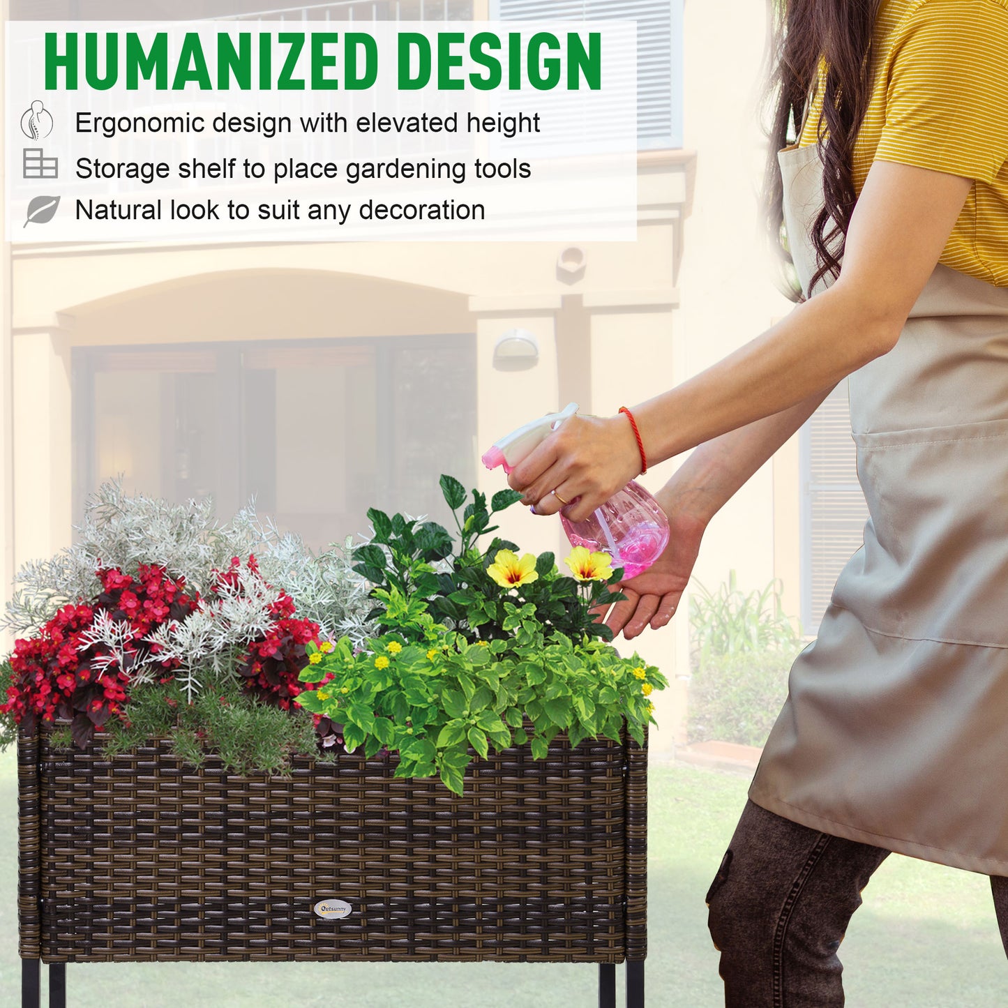 Raised Garden Bed with Rattan Wicker Look and Tool Storage Shelf - Portable Herb and Vegetable Planter