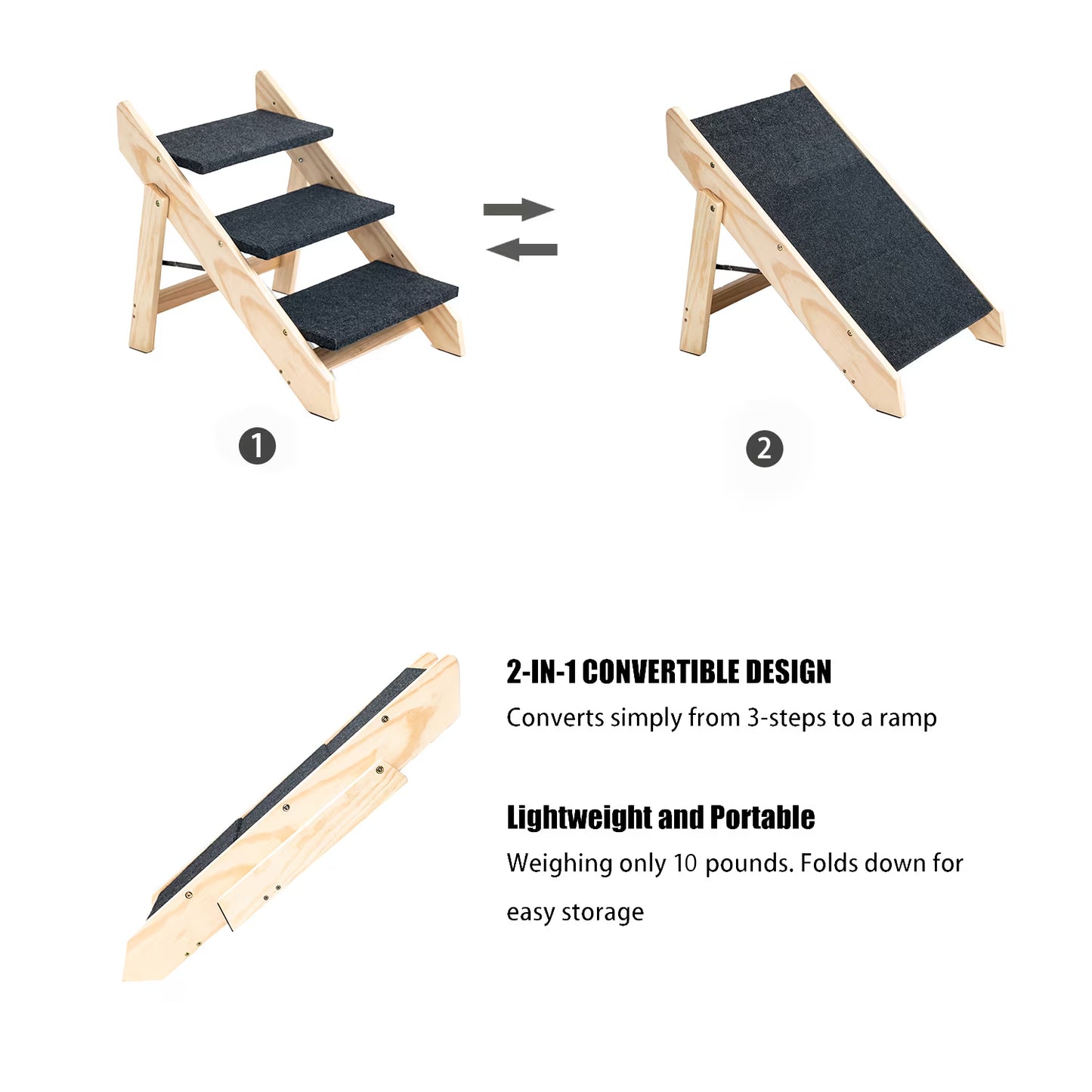 Foldable Wooden Pet Stairs & Ramp for Dogs & Cats - 3 Levels, Up to 110 lbs, Grey