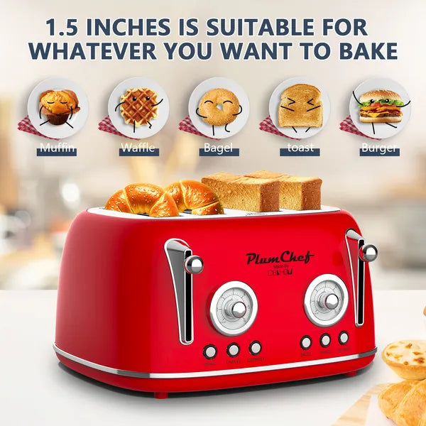 4 Slice Retro Toaster with Warming Rack - 6 Browning Settings, Red Kitchen Appliance