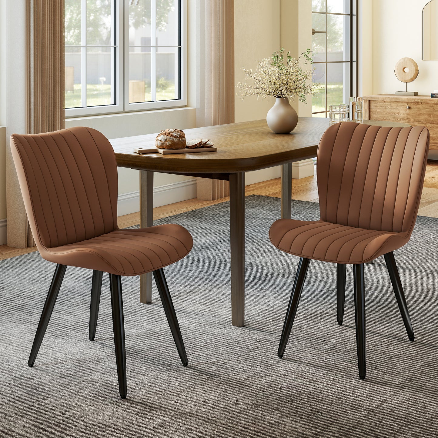 Modern PU Leather Dining Chairs - Set of 2, Brown