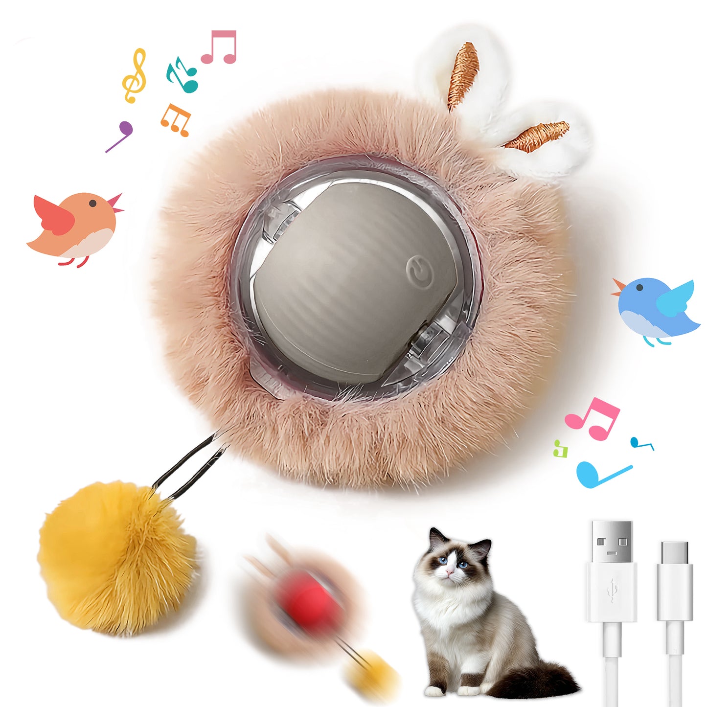 Interactive Cat and Dog Chase Toy Ball with Lights, Fluffy Tail & Bunny Ears