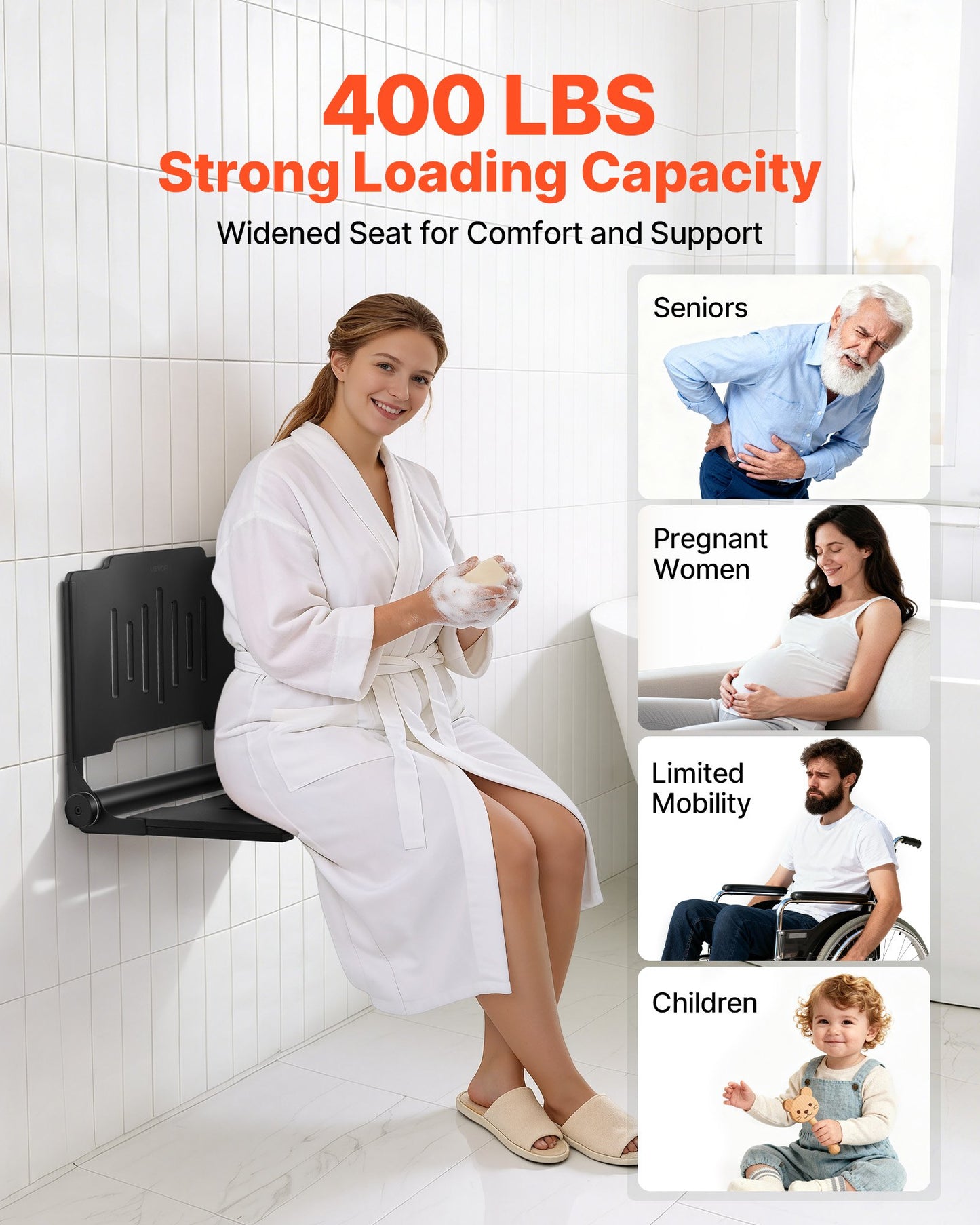 Foldable Wall-Mounted Shower Seat with Backrest – Supports 400 lbs, Space-Saving Bathroom Bench
