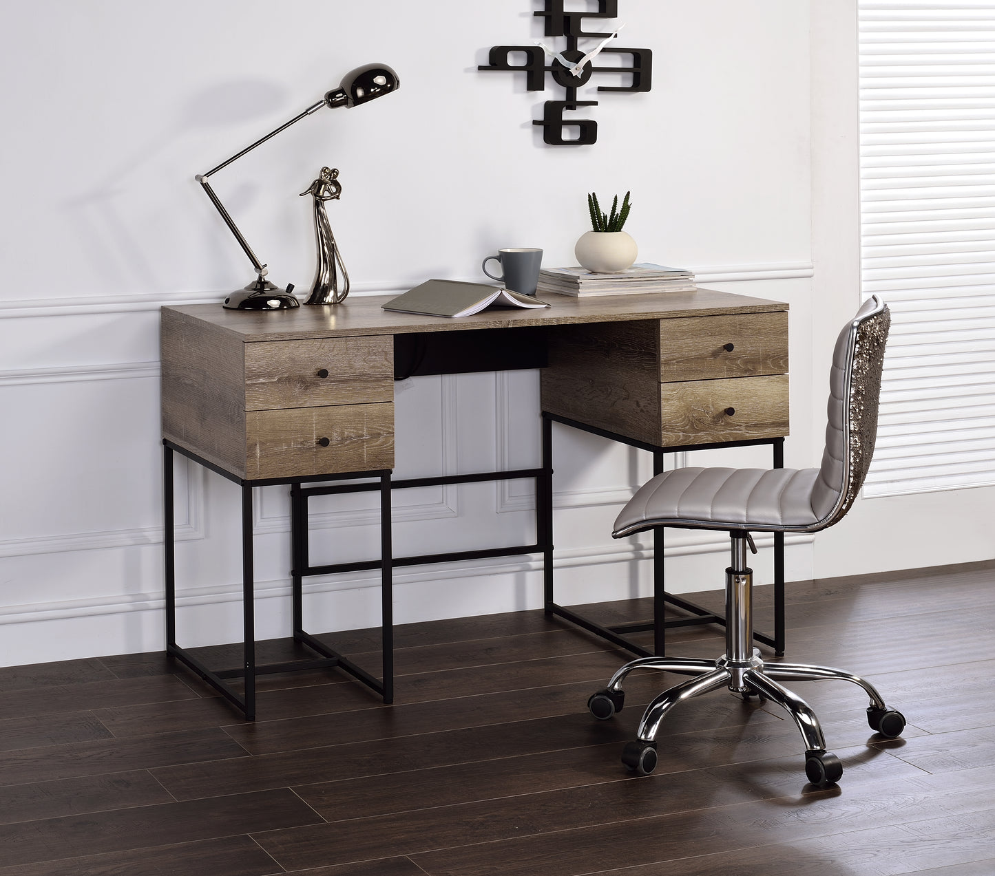 Rustic Oak & Black Writing Desk with USB Port - 47"