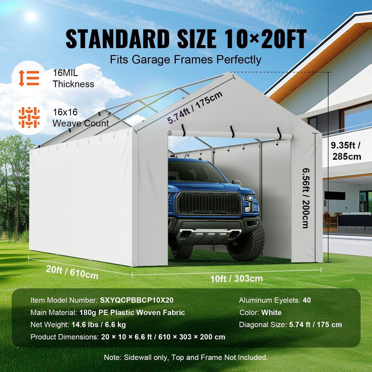 10x20 Ft Waterproof UV Side Wall Canopy Cover for Garage Shelter - Grey
