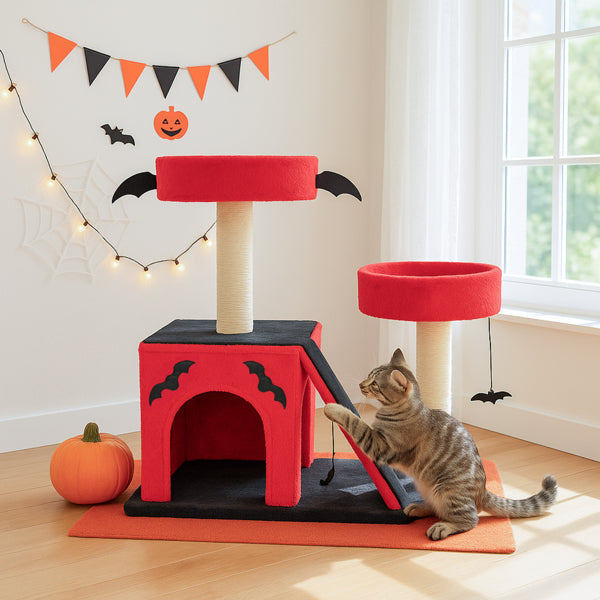 Halloween Cat Tree with Spooky Gothic Design, Large Cat Condo & Perches