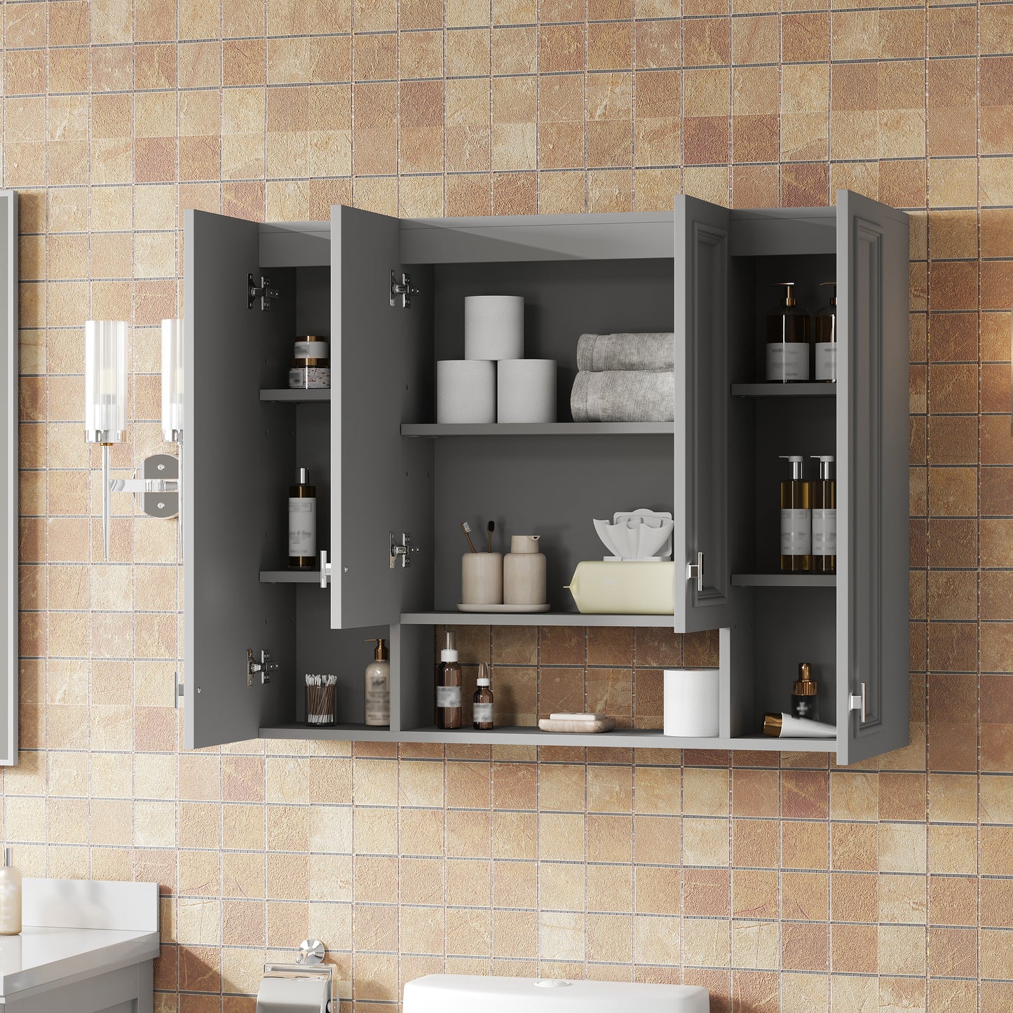 Wall-Mounted Modern Bathroom Cabinet with 5 Adjustable Shelves - Gray