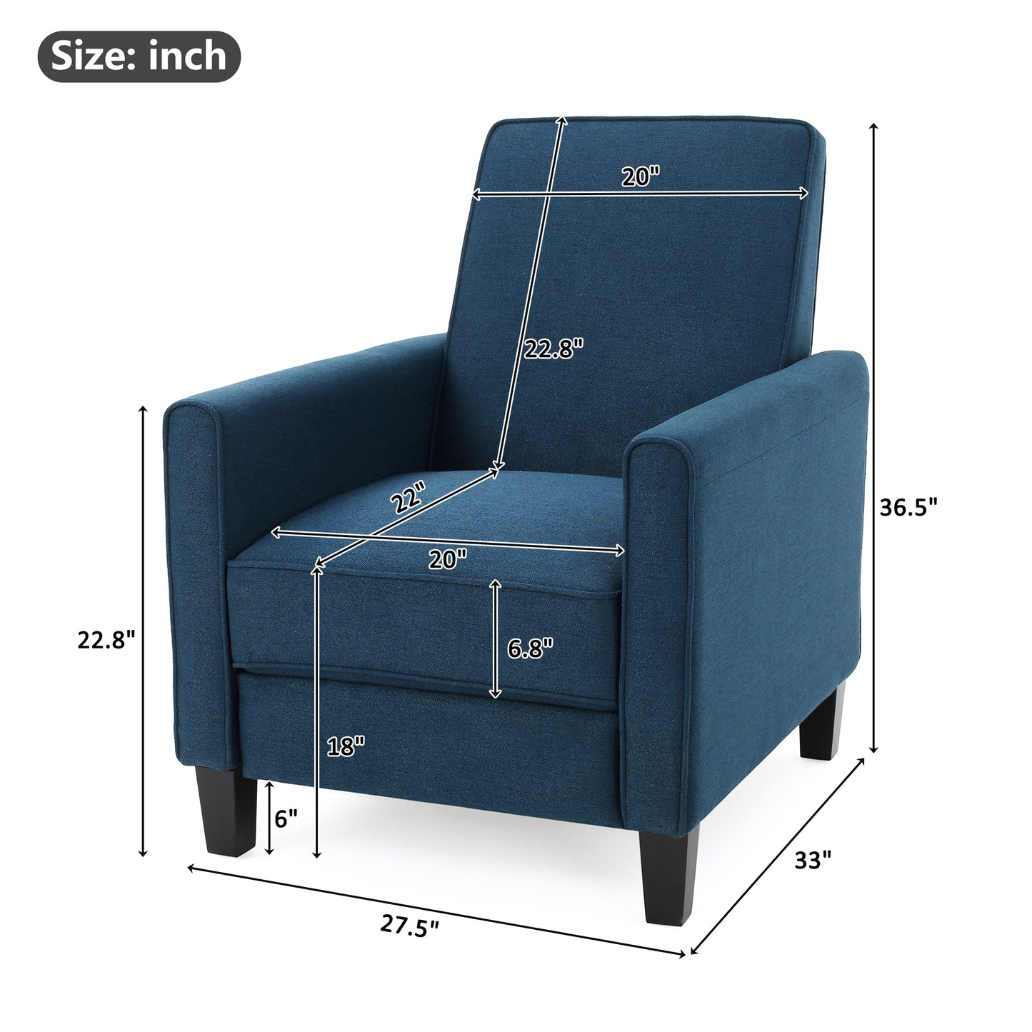 Navy Blue Fabric Push Back Recliner Chair for Small Spaces