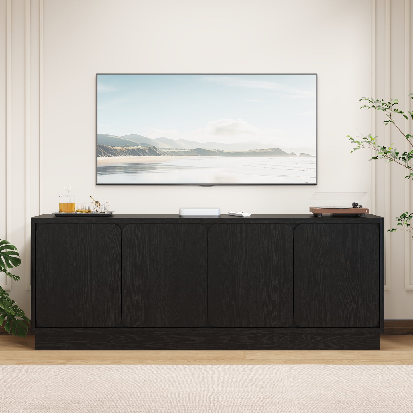 63 Inch Black TV Stand with 4 Storage Doors - Modern Media Console