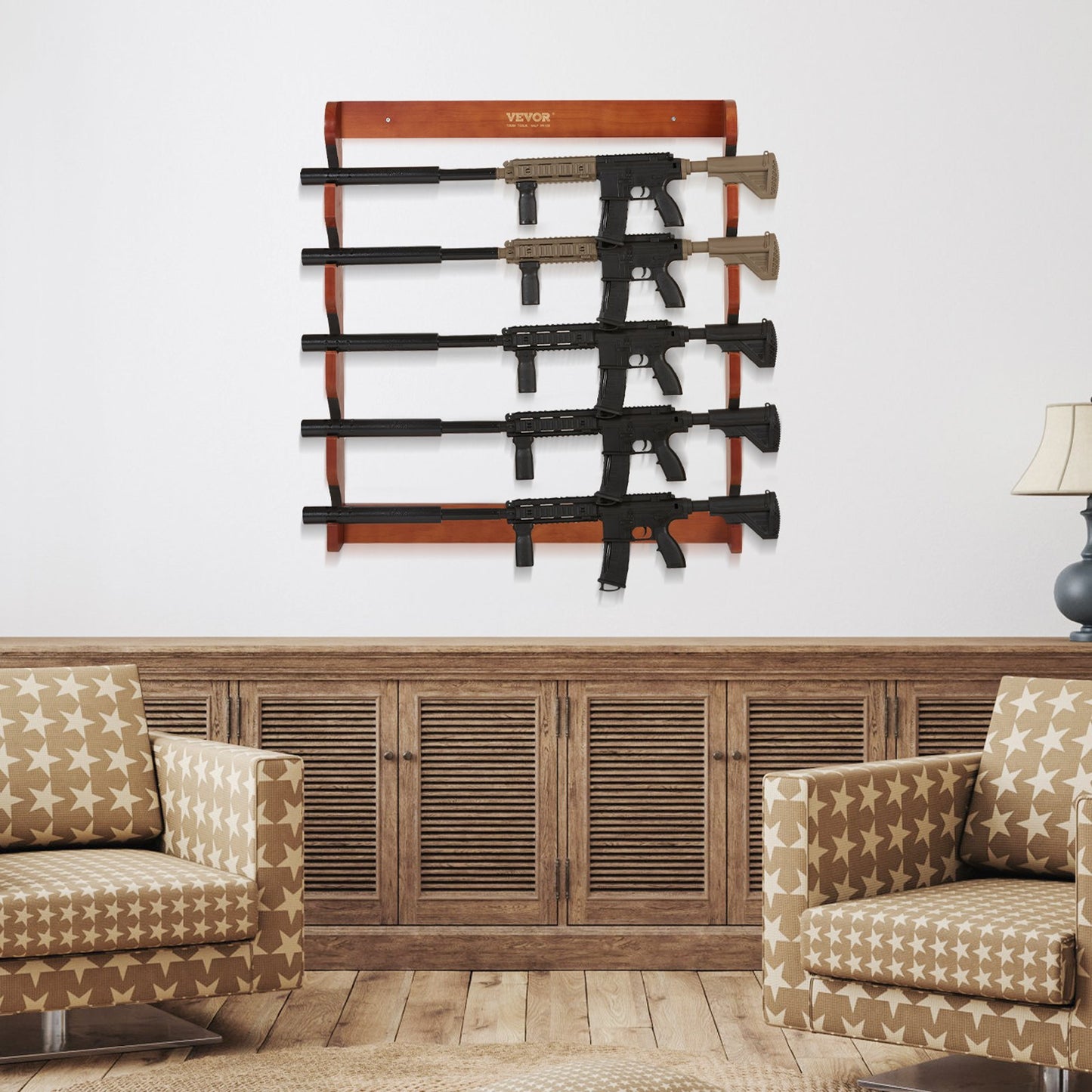 Wood Gun Rack Wall Mount - Holds 5 Rifles & Shotguns, Heavy Duty Wall Storage