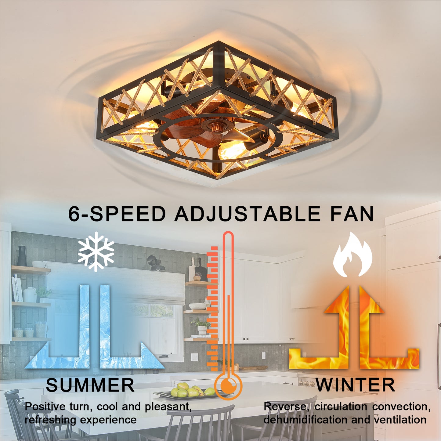Rustic Ceiling Fan with Remote Control - 6 Speed, Noiseless DC Motor