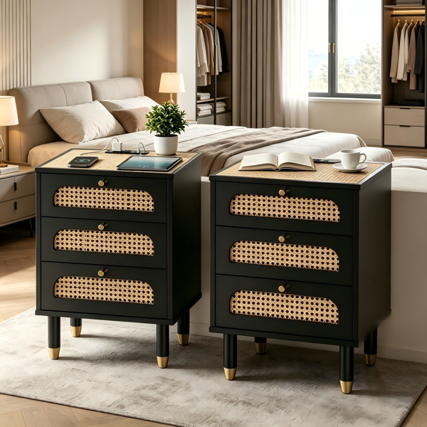 3-Drawer Nightstand with Rattan Fronts and Power Outlet - Black