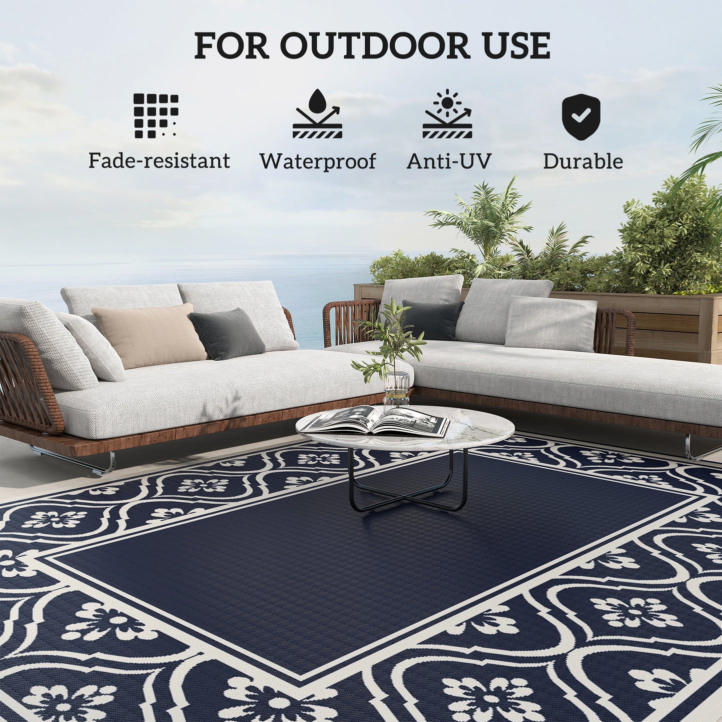 Reversible Waterproof Outdoor Rug - 8' x 10', Blue & White Gourd Border