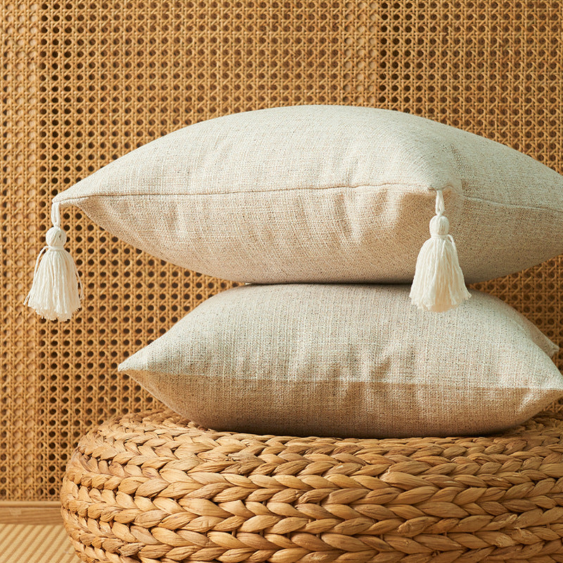 Japanese Solid Color Cotton Linen Fringe Pillow with Tassels - Home Decor