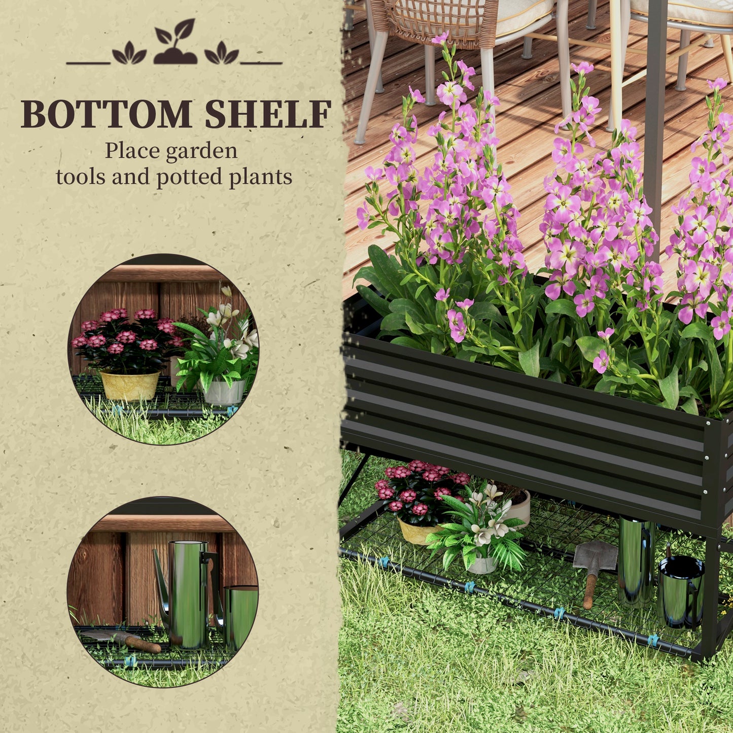 Galvanized Raised Garden Bed with Legs and Storage Shelf - Black, 1180x360x95mm