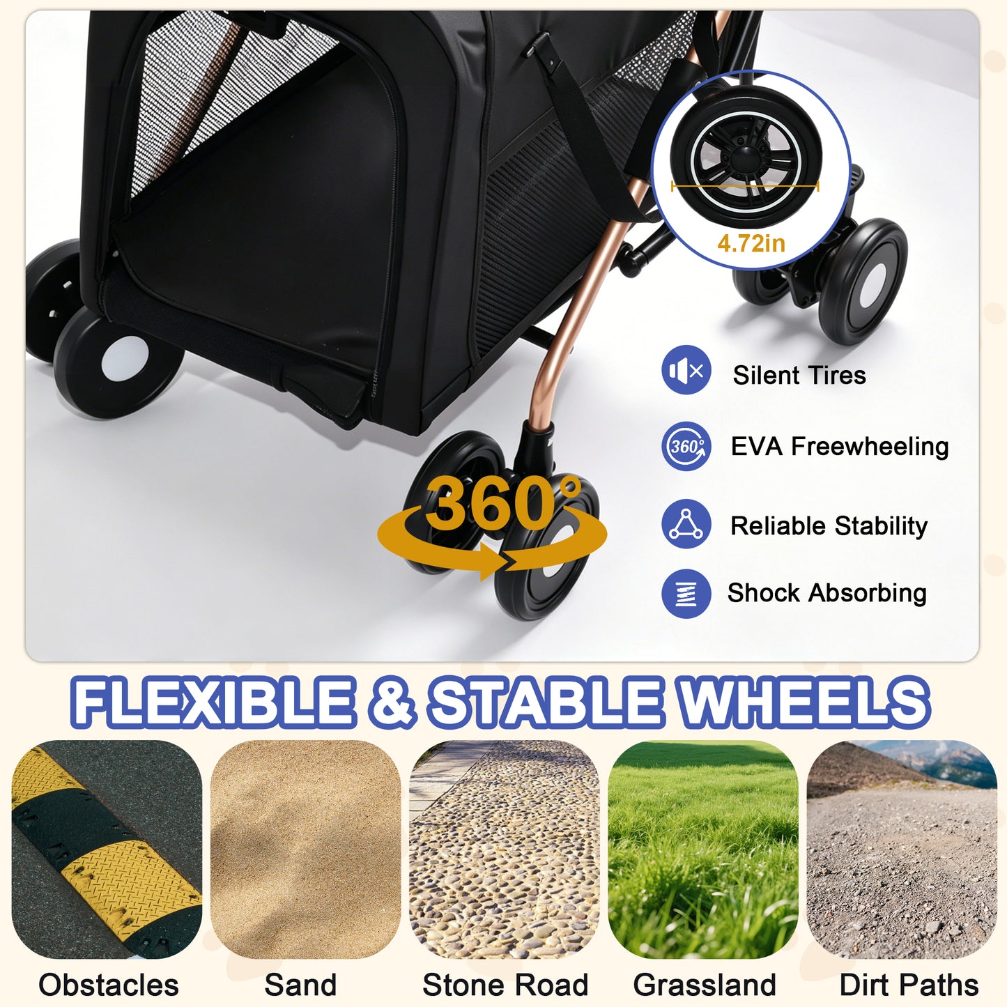Pet Stroller with Guardrails for Small and Medium Pets - Foldable, 3-in-1 Design, Shockproof Wheels, Safety Leashes, Black