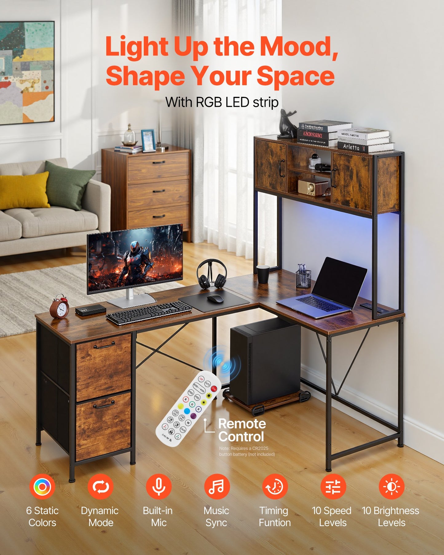 L-Shaped Gaming Desk with LED RGB Lights, Reversible Corner Computer Table, Power Outlets, Storage Drawers