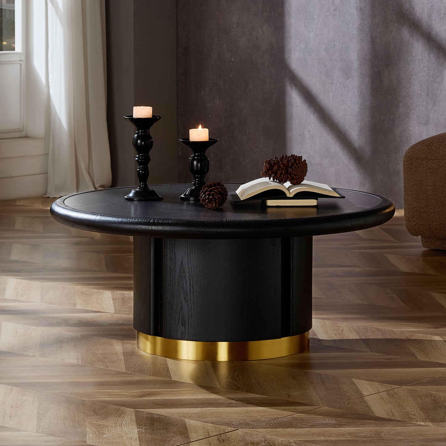 Round Coffee Table with Sintered Stone Top - Black