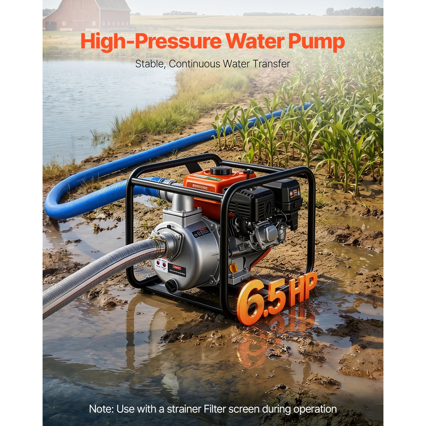 Gas Powered Water Pump 2 In 132 GPM 6.5HP Portable Irrigation & Pond Pump