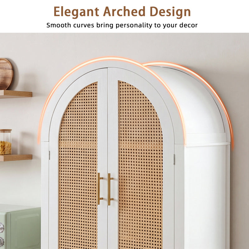 White Arched Rattan Cabinet with Adjustable Shelves - 4 Doors