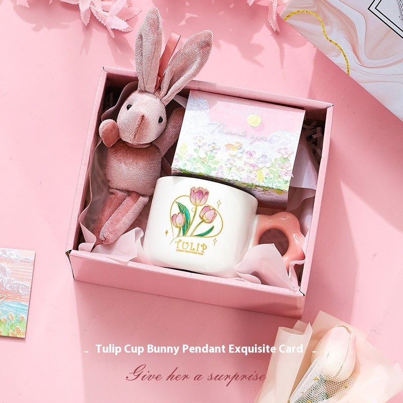 Ceramic Tulip Glass Cup with Bunny Pendant and Gift Card, 301-400ml
