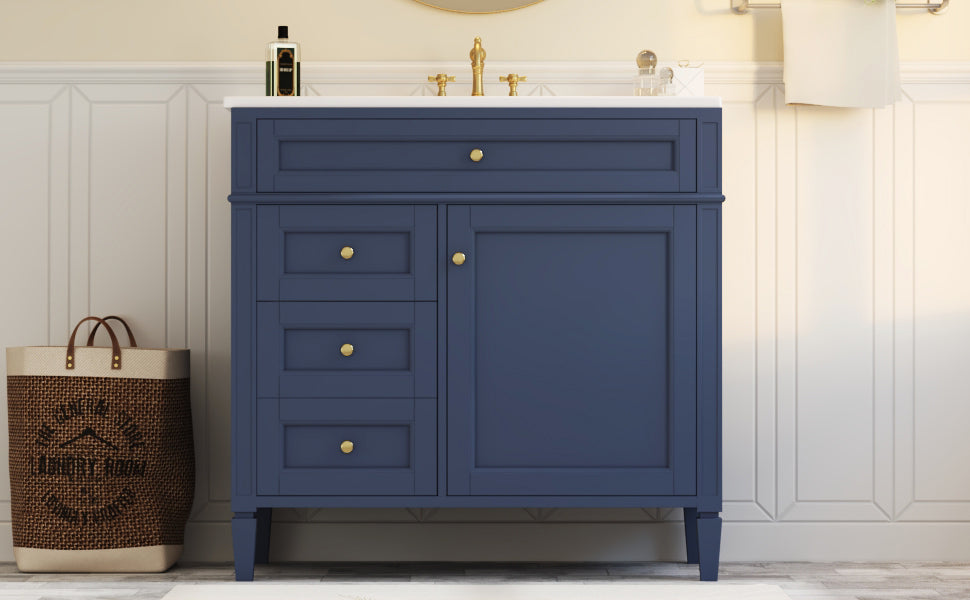 36'' Blue Bathroom Vanity with Ceramic Sink & 3 Drawers