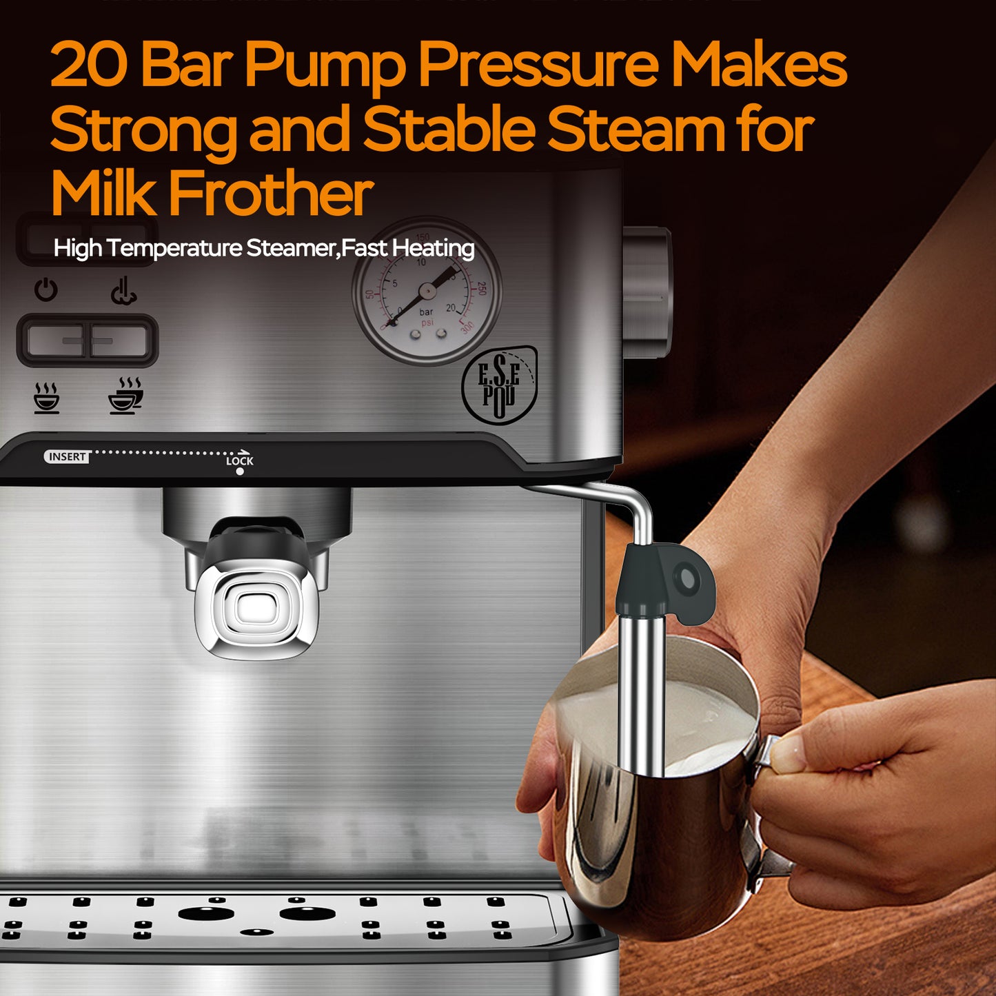 20 Bar Espresso Machine with Milk Frother for Home Barista, Includes Pressure Display & Removable Water Tank