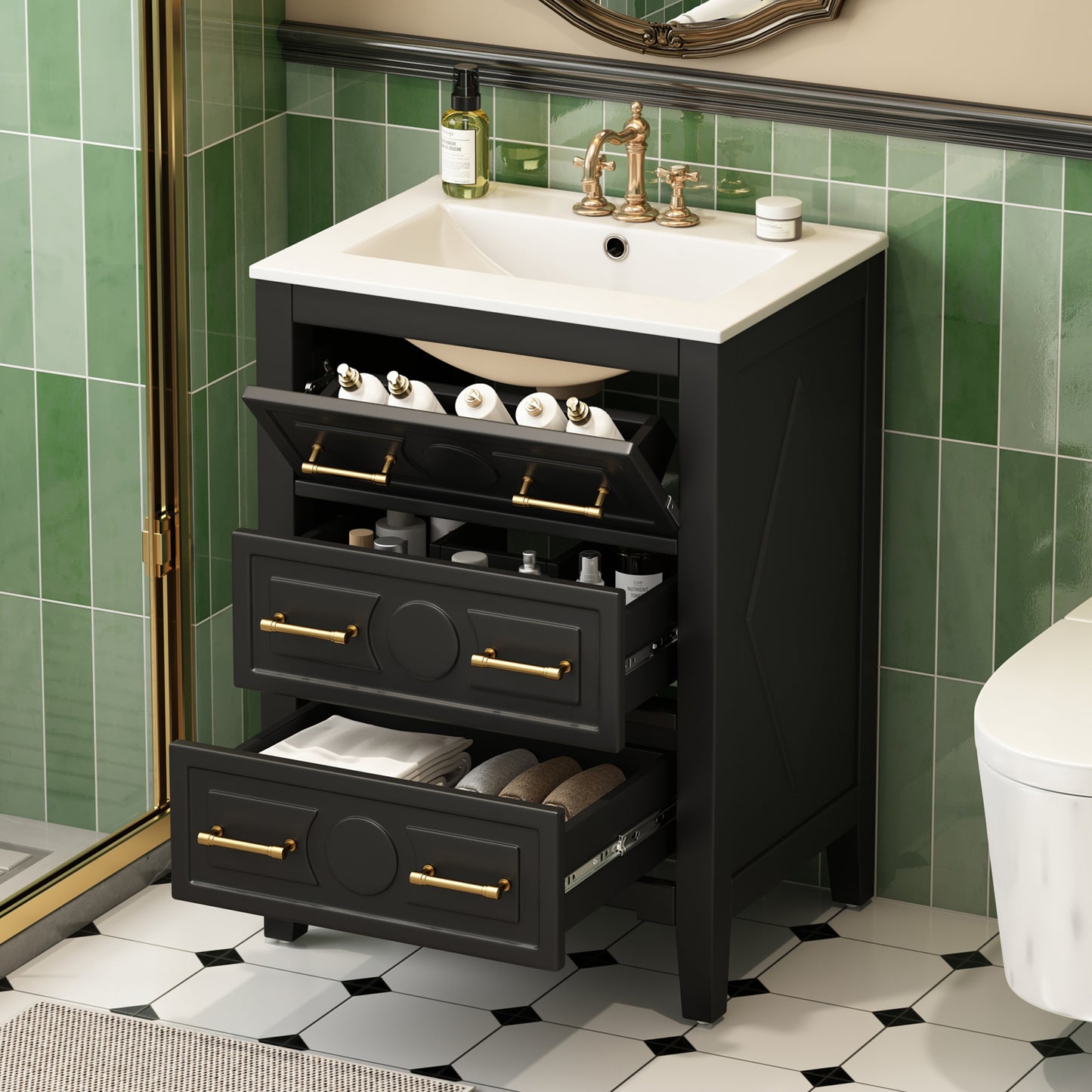 24'' Bathroom Vanity with Ceramic Sink - Black, 3 Drawers