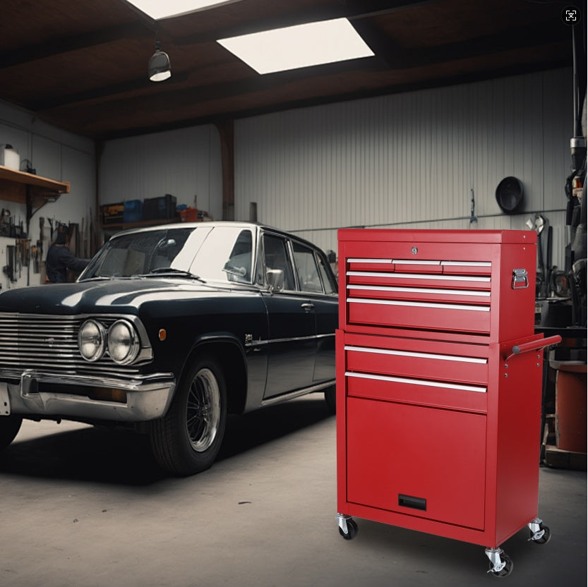 8-Drawer Tool Cabinet Combo with Lock - Red Rolling Storage Chest