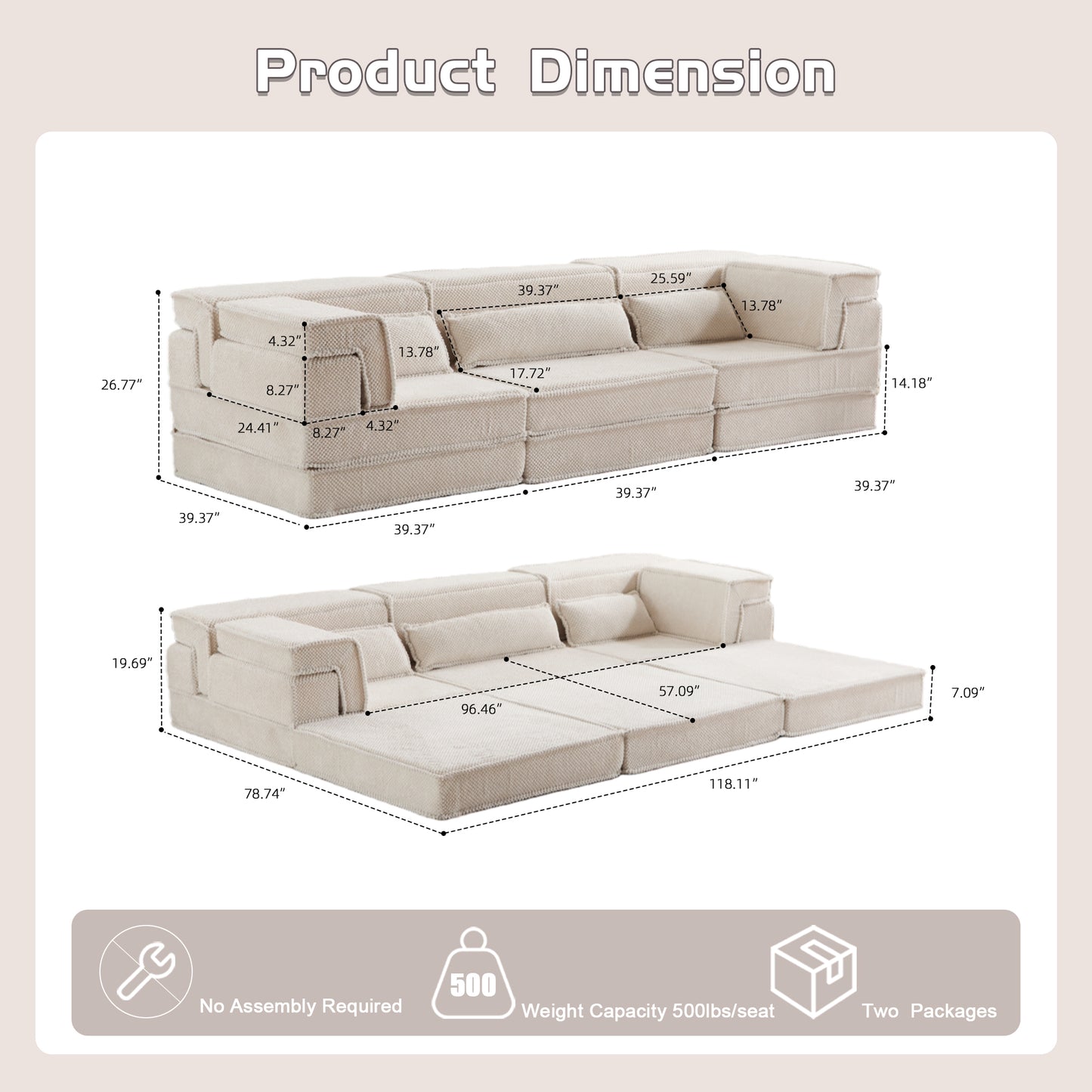 Convertible White Floor Sofa Bed - Oversized 3 Seater with Pillows