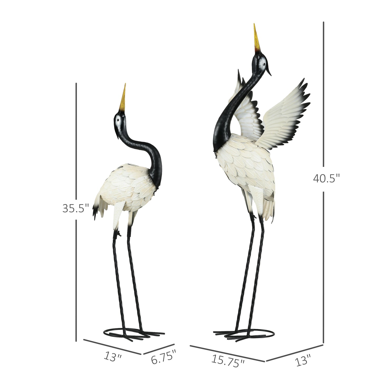 Set of 2 Heron Garden Statues - Black & White Lawn Sculptures