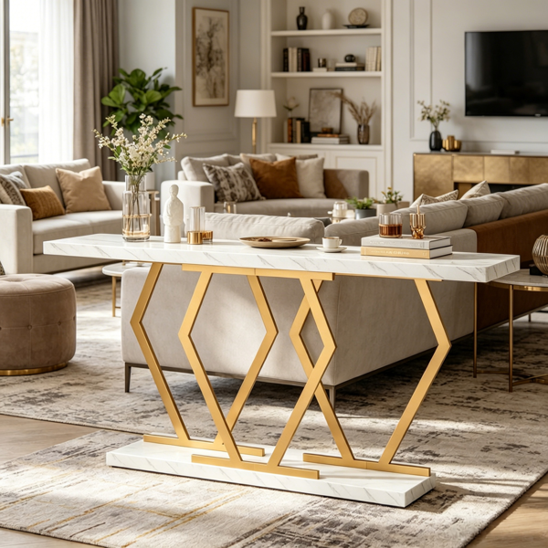 Modern Faux Marble Console Table with Gold Frame - 70.9"