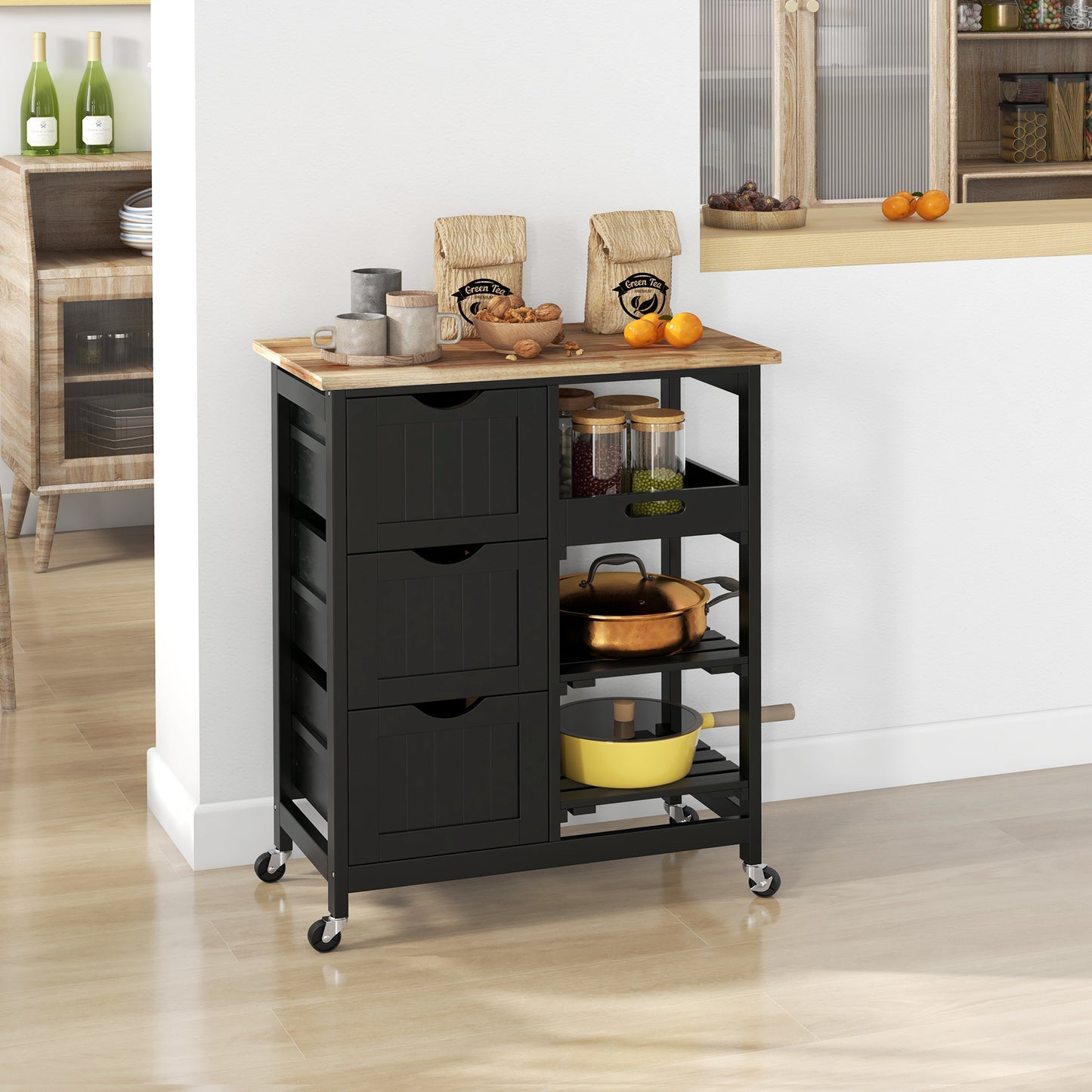 Rolling Kitchen Cart with Wood Top and Storage Shelves - Black