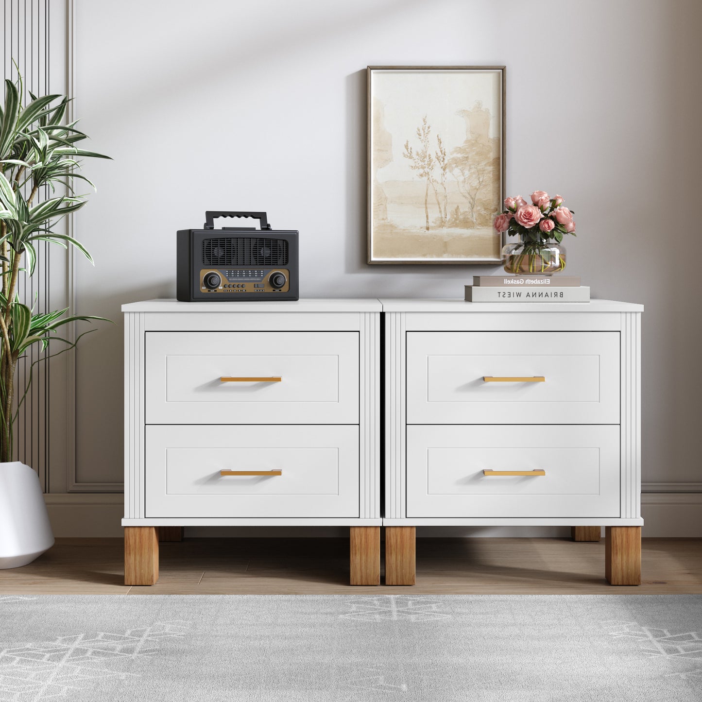 2 Drawer Nightstand with Elegant Fluted Design - White