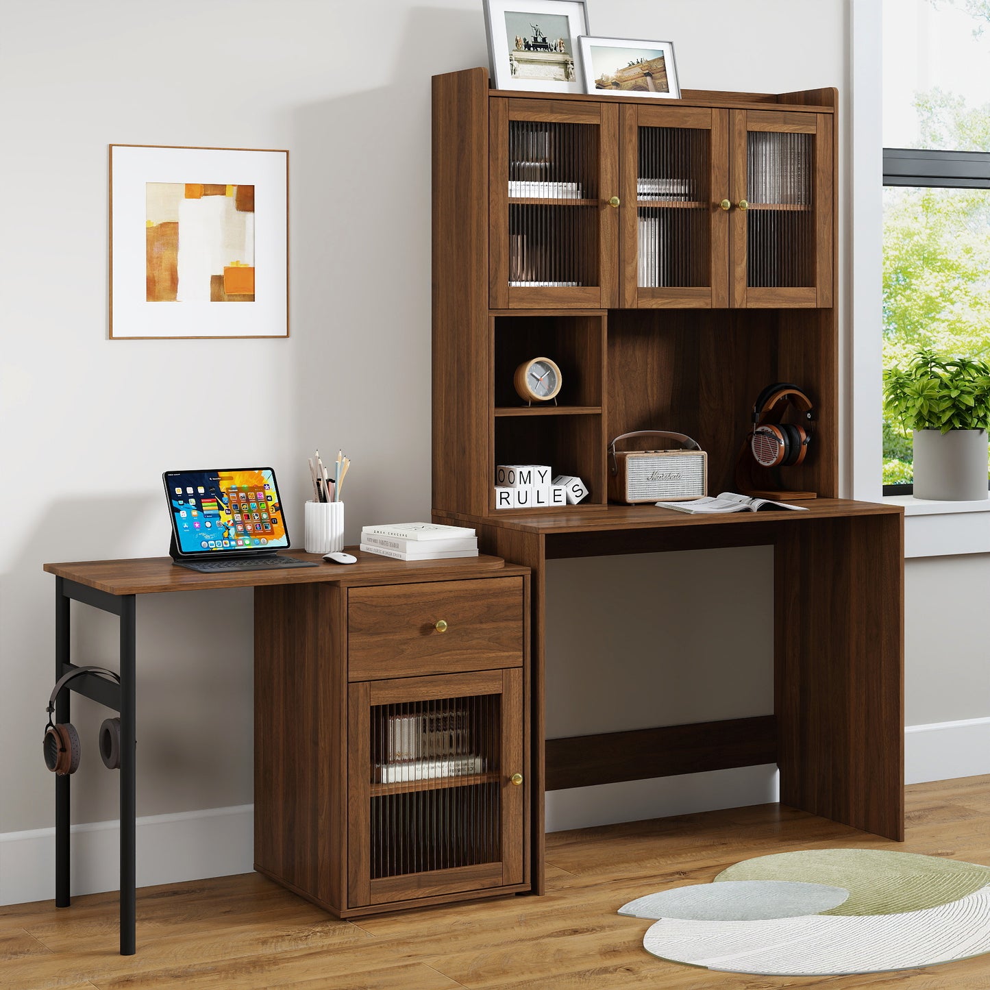 Computer Desk with Rotating Top & Glass Door - Walnut