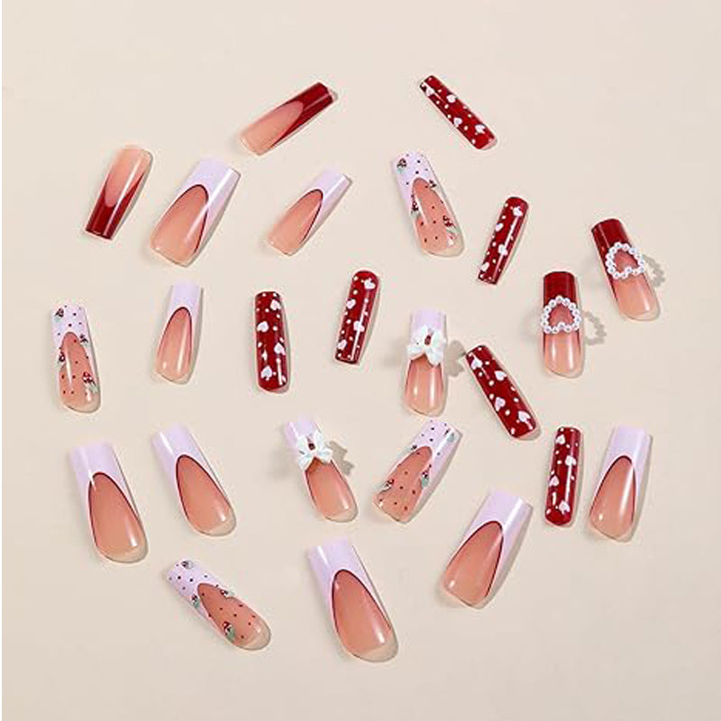 Strawberry Bow Press-On Nails - Long Square False Nail Tips, 24 Pieces