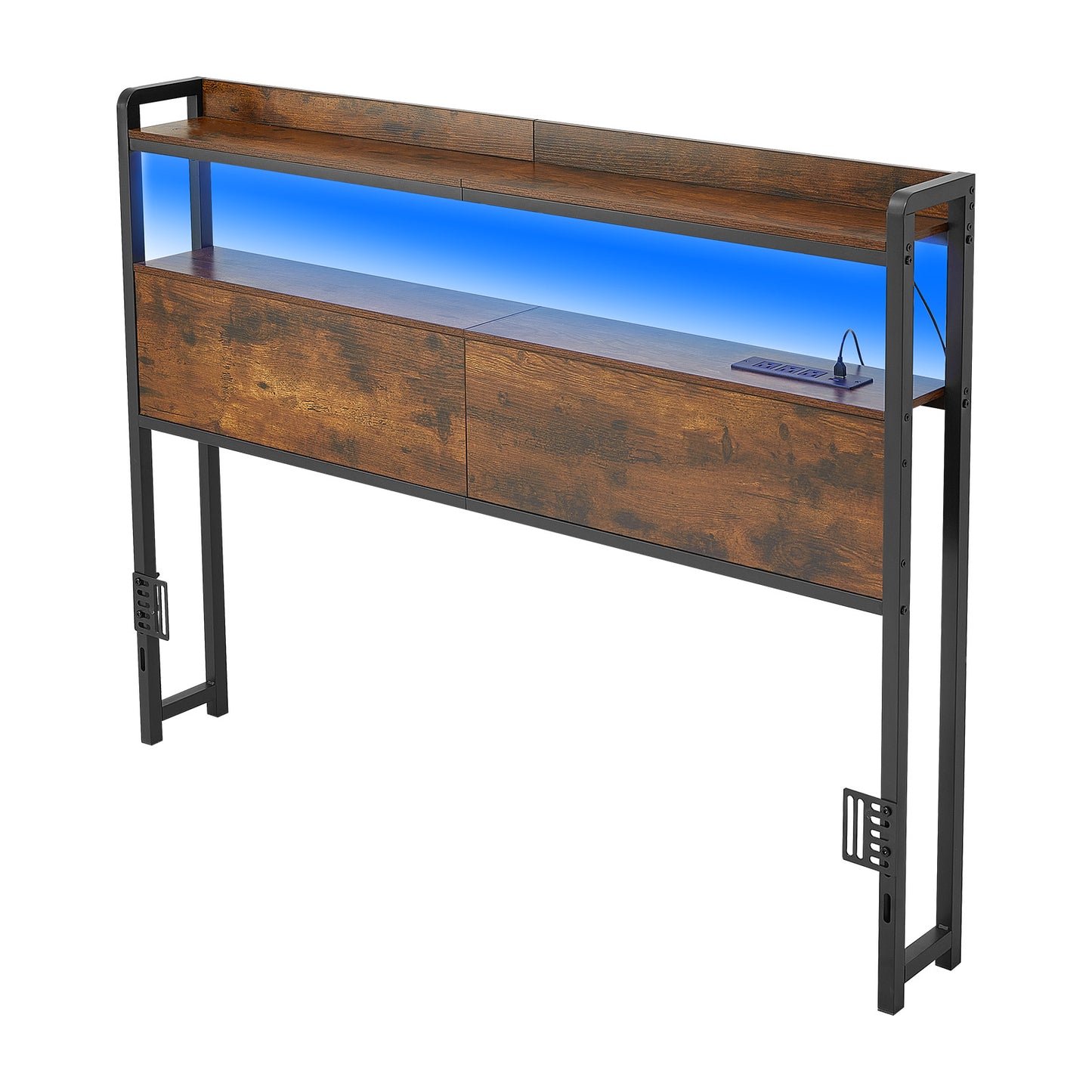 Full Size Bed Headboard with Storage Shelves LED Light USB Outlets - Black