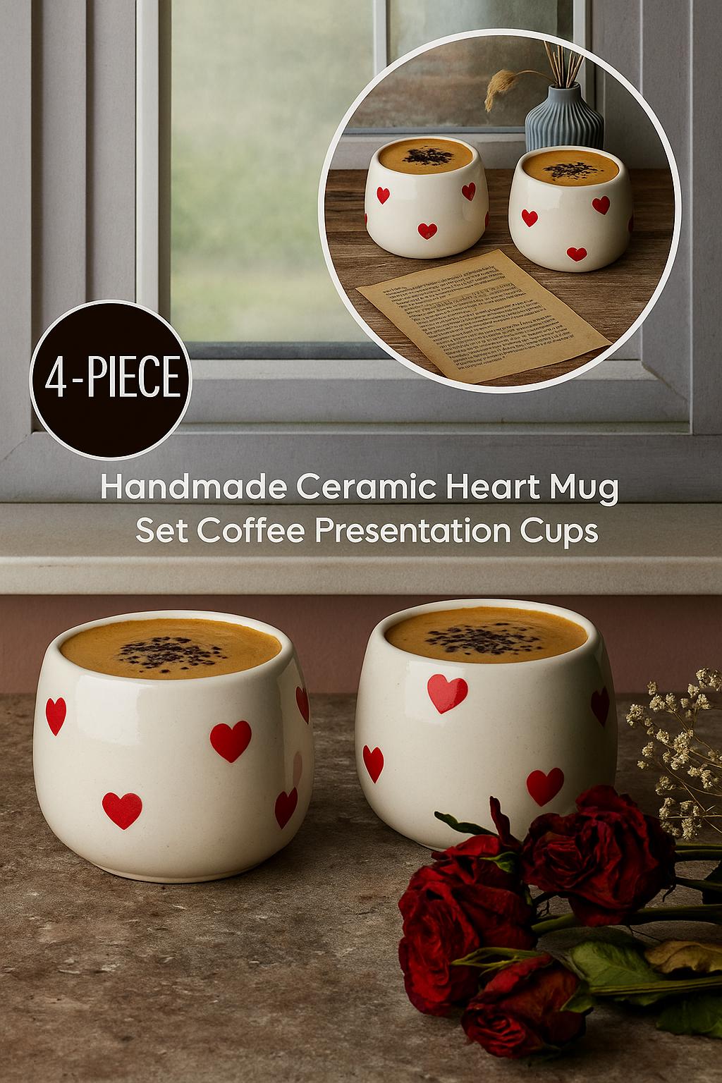 Handmade Ceramic Heart Bowl Set - Romantic Kitchen Decor, 4 pcs, 300ml
